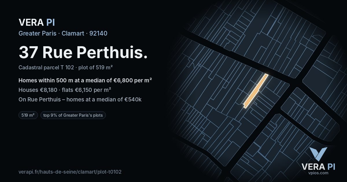 37 Rue Perthuis, Clamart at night – the plot lit, the parcels around coloured by the prices near them