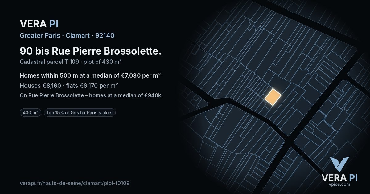 90 bis Rue Pierre Brossolette, Clamart at night – the plot lit, the parcels around coloured by the prices near them
