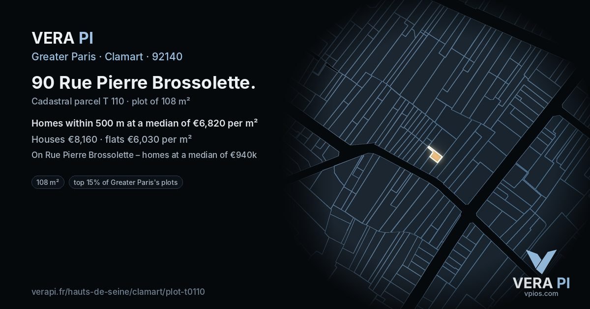 90 Rue Pierre Brossolette, Clamart at night – the plot lit, the parcels around coloured by the prices near them
