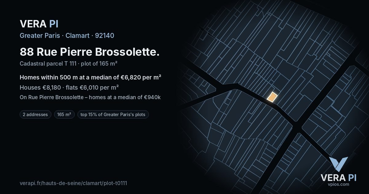 88 Rue Pierre Brossolette, Clamart at night – the plot lit, the parcels around coloured by the prices near them