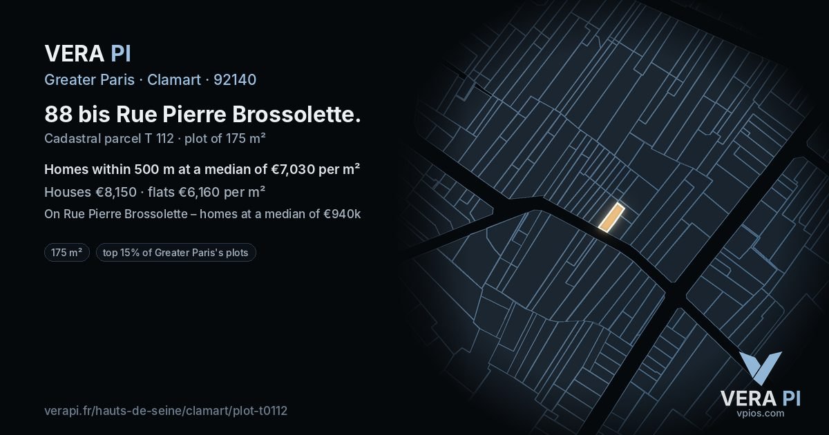 88 bis Rue Pierre Brossolette, Clamart at night – the plot lit, the parcels around coloured by the prices near them