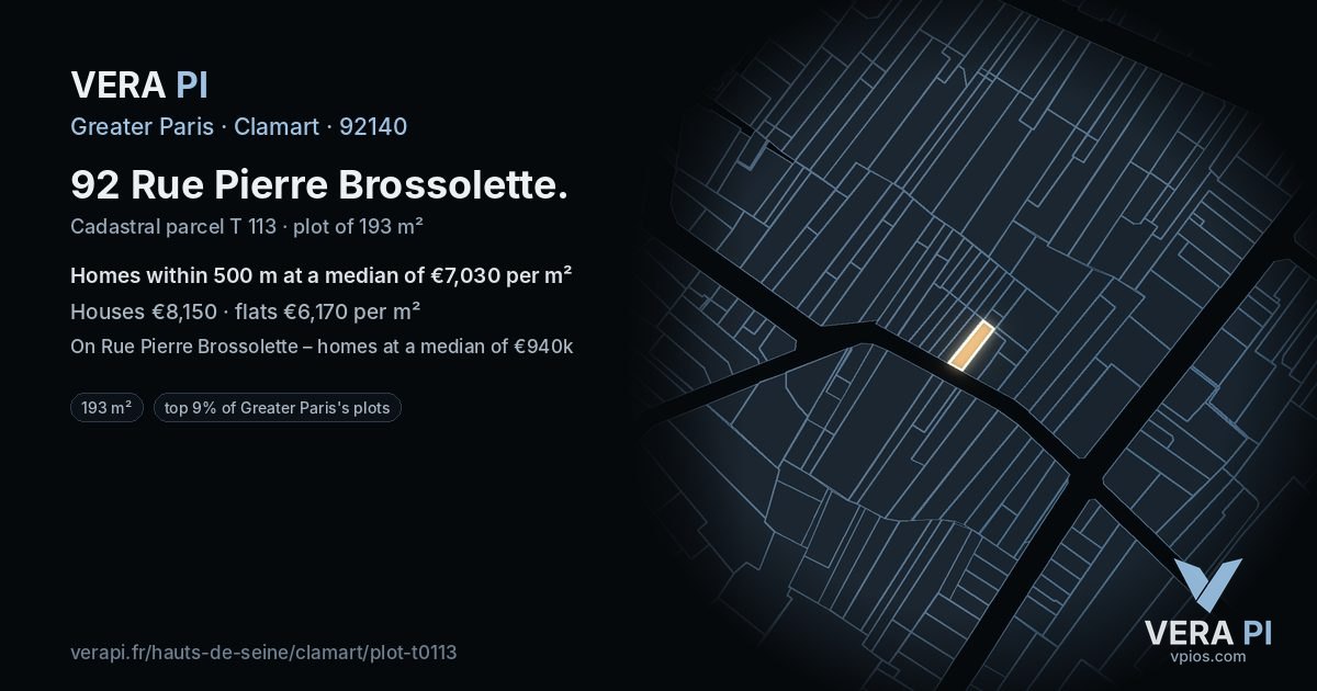 92 Rue Pierre Brossolette, Clamart at night – the plot lit, the parcels around coloured by the prices near them