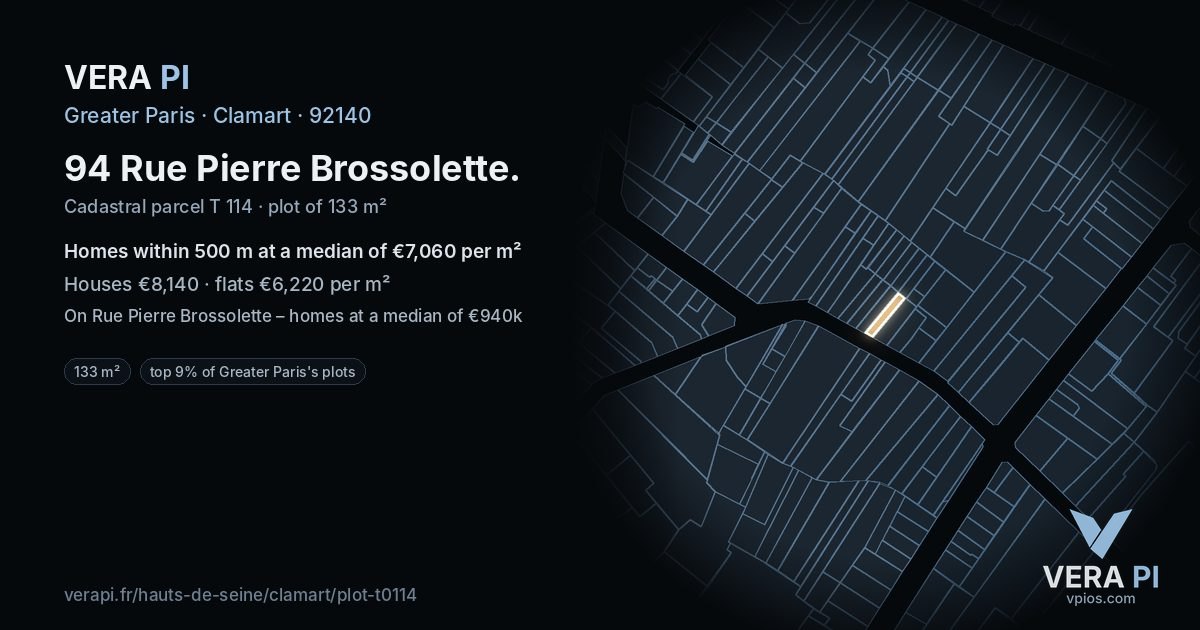 94 Rue Pierre Brossolette, Clamart at night – the plot lit, the parcels around coloured by the prices near them