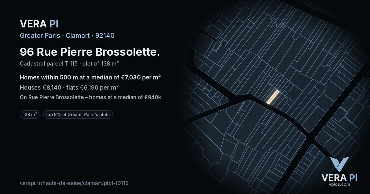 96 Rue Pierre Brossolette, Clamart at night – the plot lit, the parcels around coloured by the prices near them