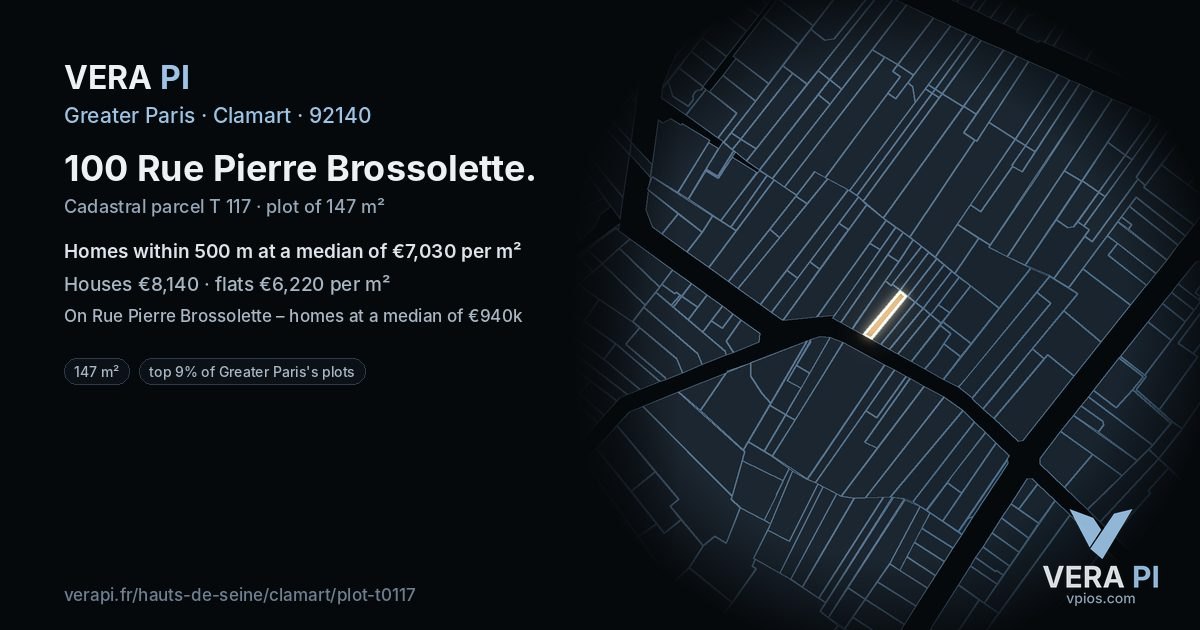 100 Rue Pierre Brossolette, Clamart at night – the plot lit, the parcels around coloured by the prices near them
