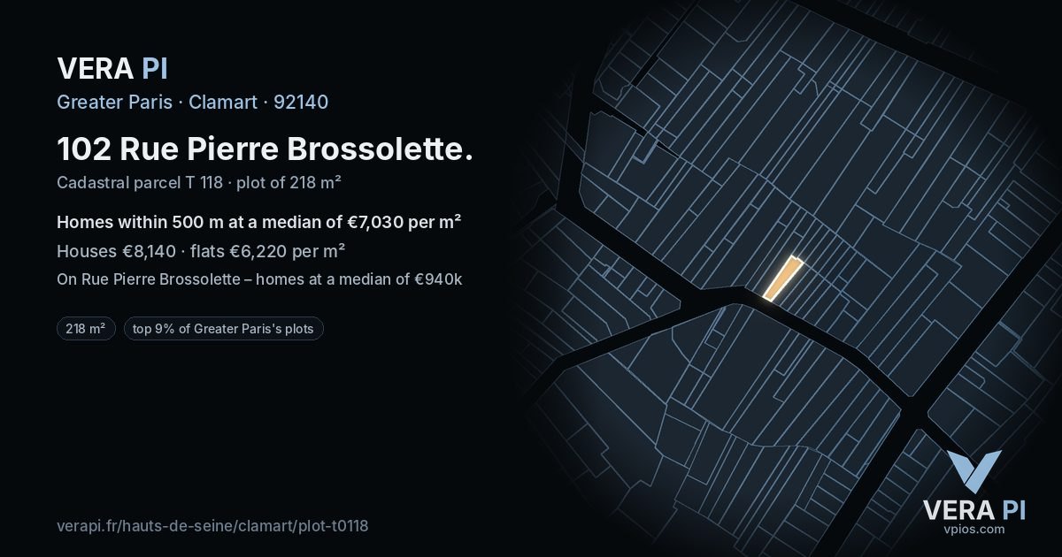 102 Rue Pierre Brossolette, Clamart at night – the plot lit, the parcels around coloured by the prices near them