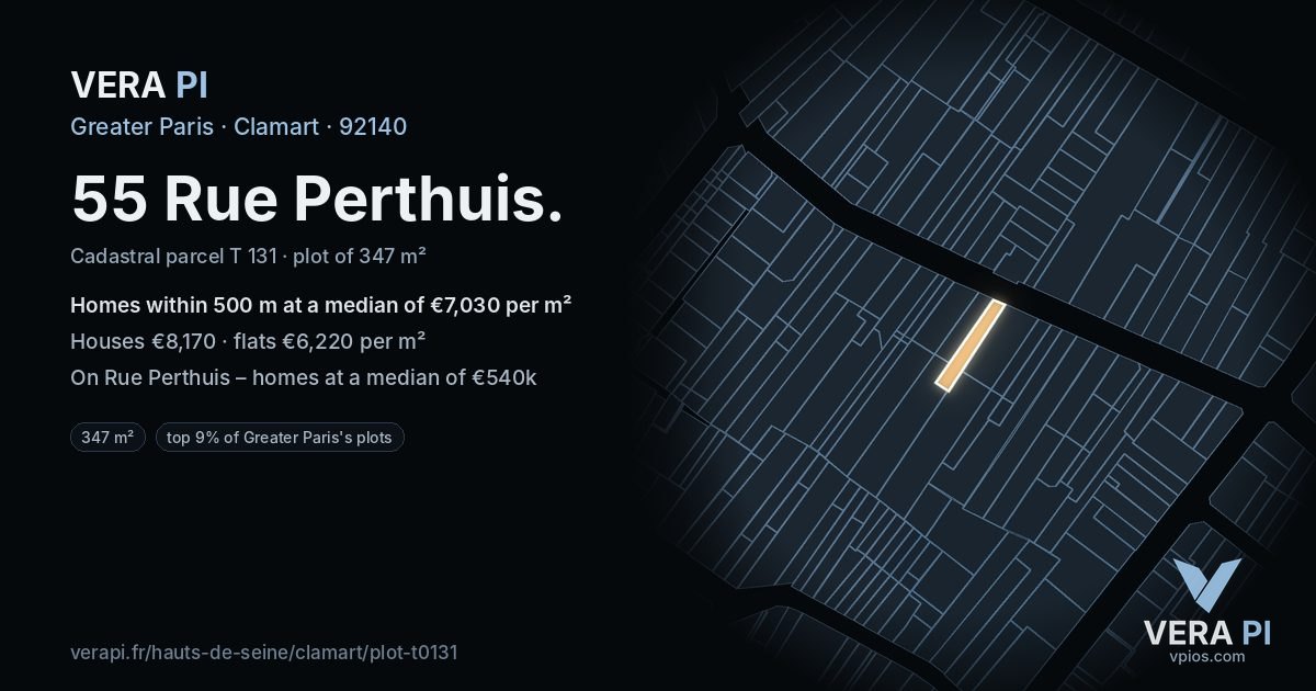 55 Rue Perthuis, Clamart at night – the plot lit, the parcels around coloured by the prices near them