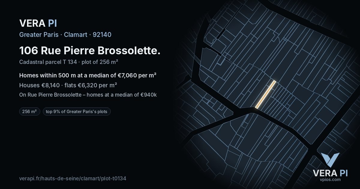 106 Rue Pierre Brossolette, Clamart at night – the plot lit, the parcels around coloured by the prices near them