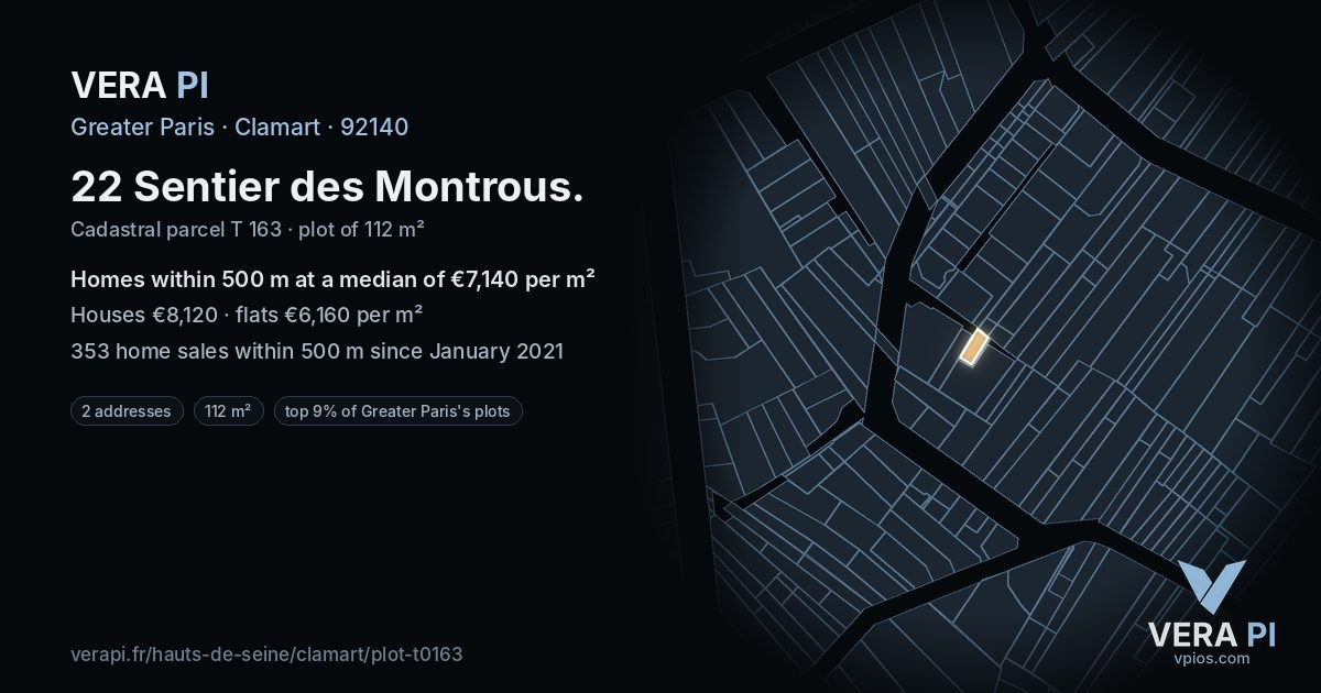 22 Sentier des Montrous, Clamart at night – the plot lit, the parcels around coloured by the prices near them