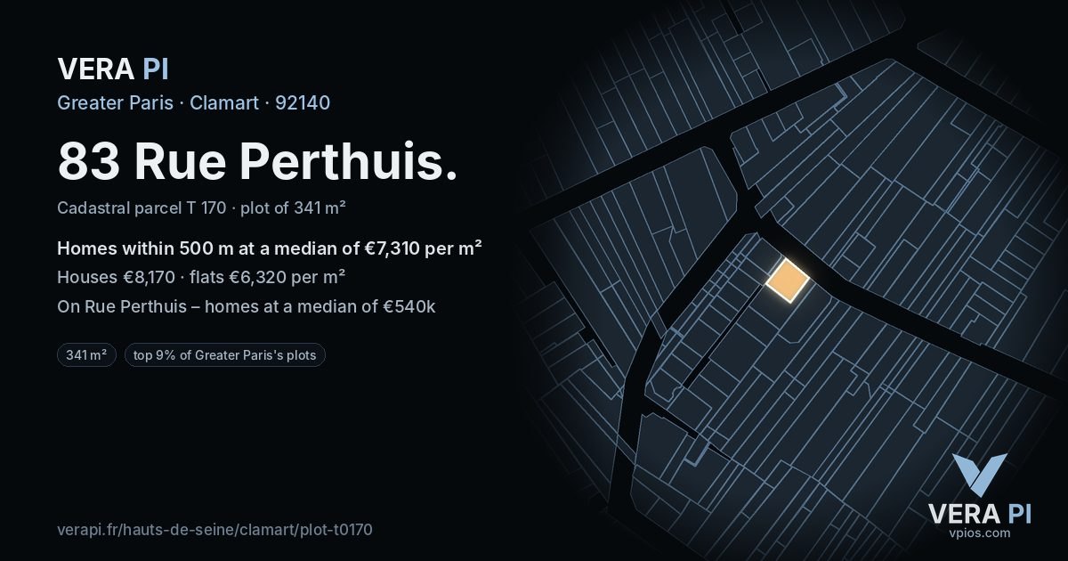 83 Rue Perthuis, Clamart at night – the plot lit, the parcels around coloured by the prices near them