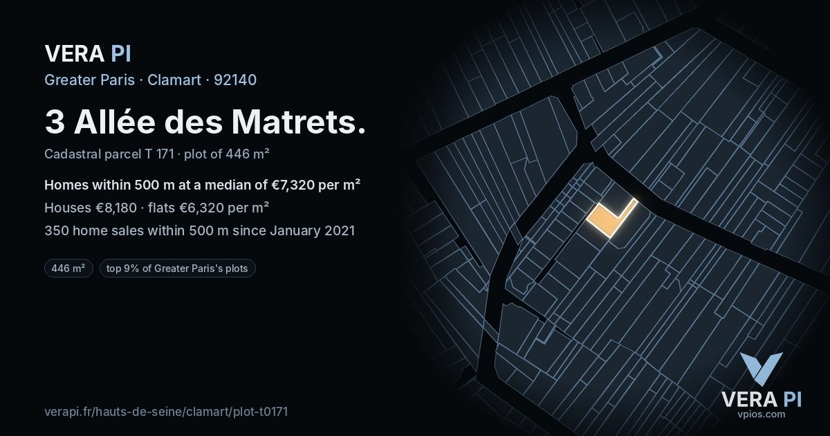 3 Allée des Matrets, Clamart at night – the plot lit, the parcels around coloured by the prices near them