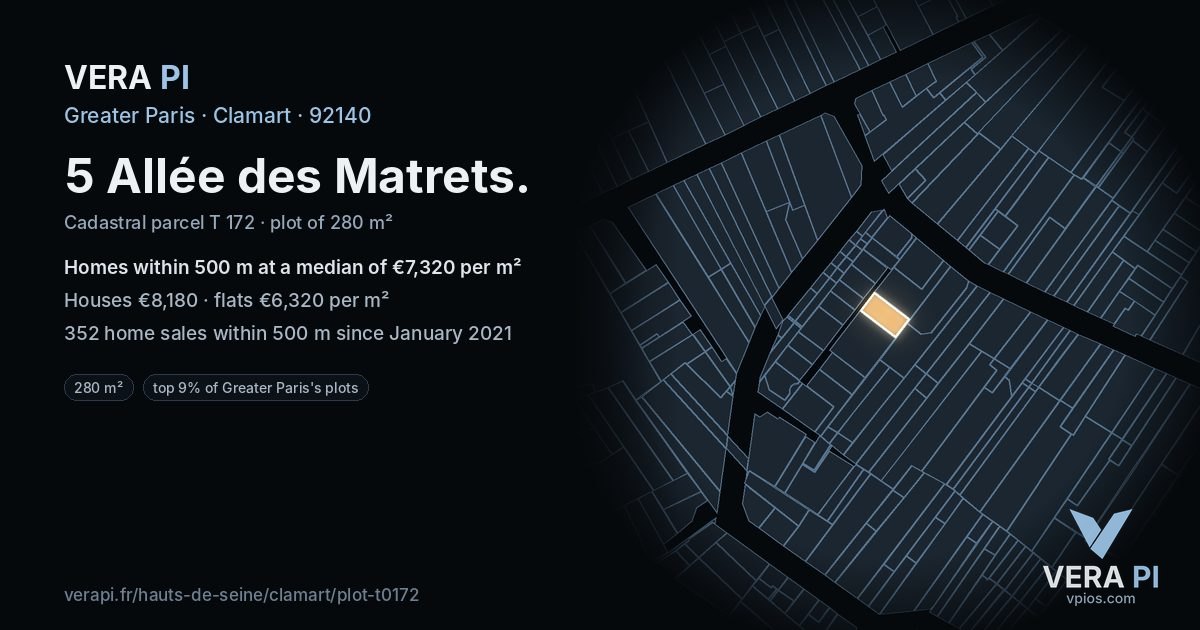 5 Allée des Matrets, Clamart at night – the plot lit, the parcels around coloured by the prices near them