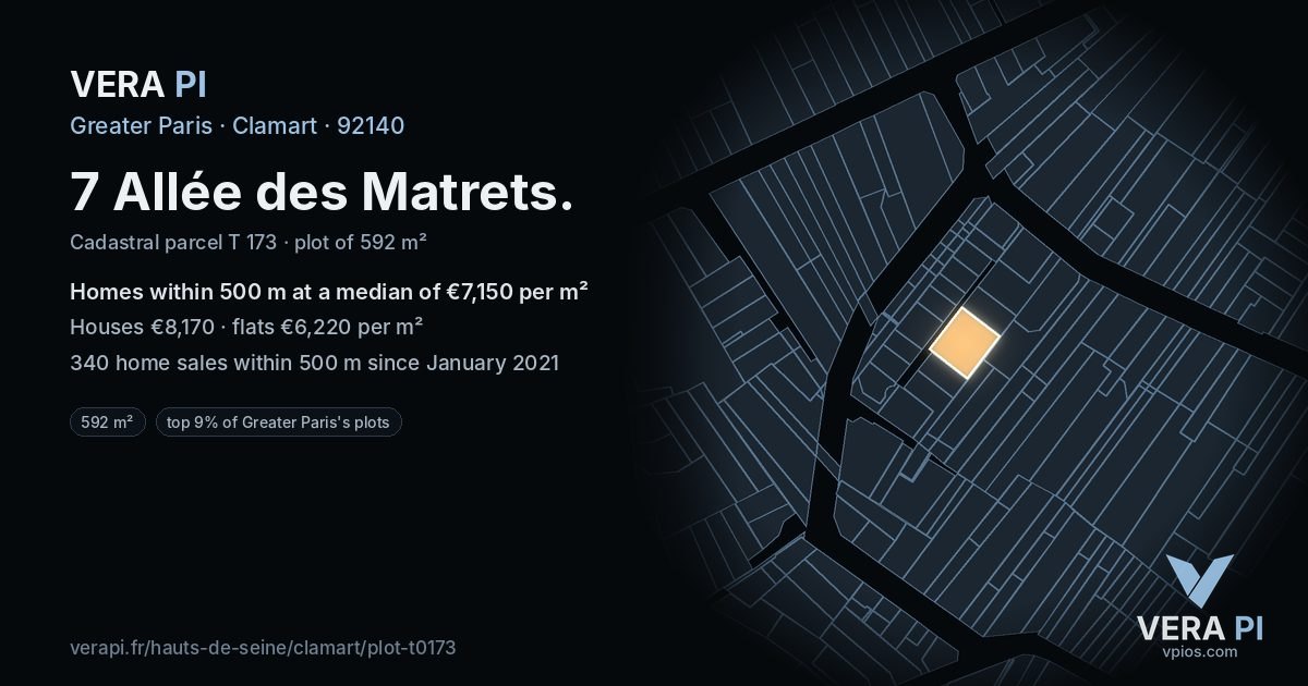 7 Allée des Matrets, Clamart at night – the plot lit, the parcels around coloured by the prices near them