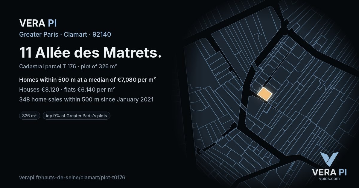 11 Allée des Matrets, Clamart at night – the plot lit, the parcels around coloured by the prices near them