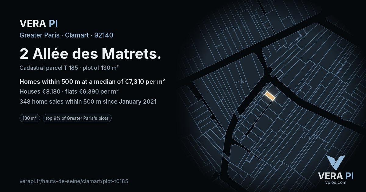 2 Allée des Matrets, Clamart at night – the plot lit, the parcels around coloured by the prices near them