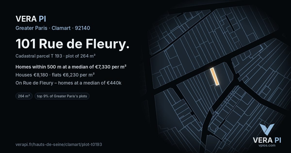 101 Rue de Fleury, Clamart at night – the plot lit, the parcels around coloured by the prices near them