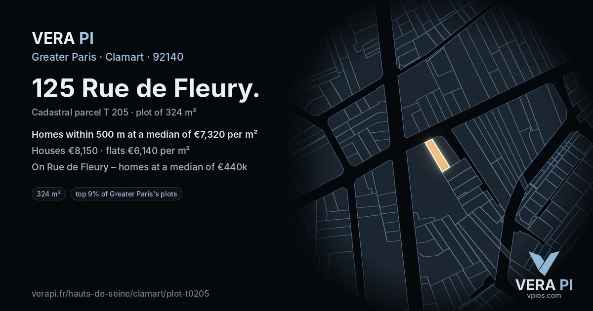 125 Rue de Fleury, Clamart at night – the plot lit, the parcels around coloured by the prices near them