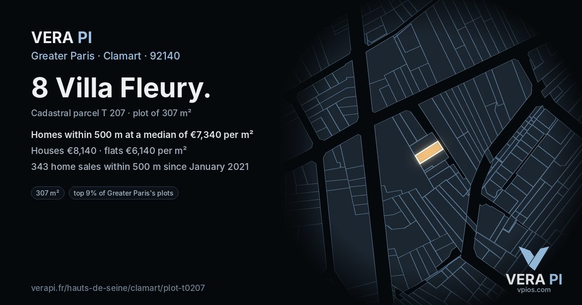 8 Villa Fleury, Clamart at night – the plot lit, the parcels around coloured by the prices near them
