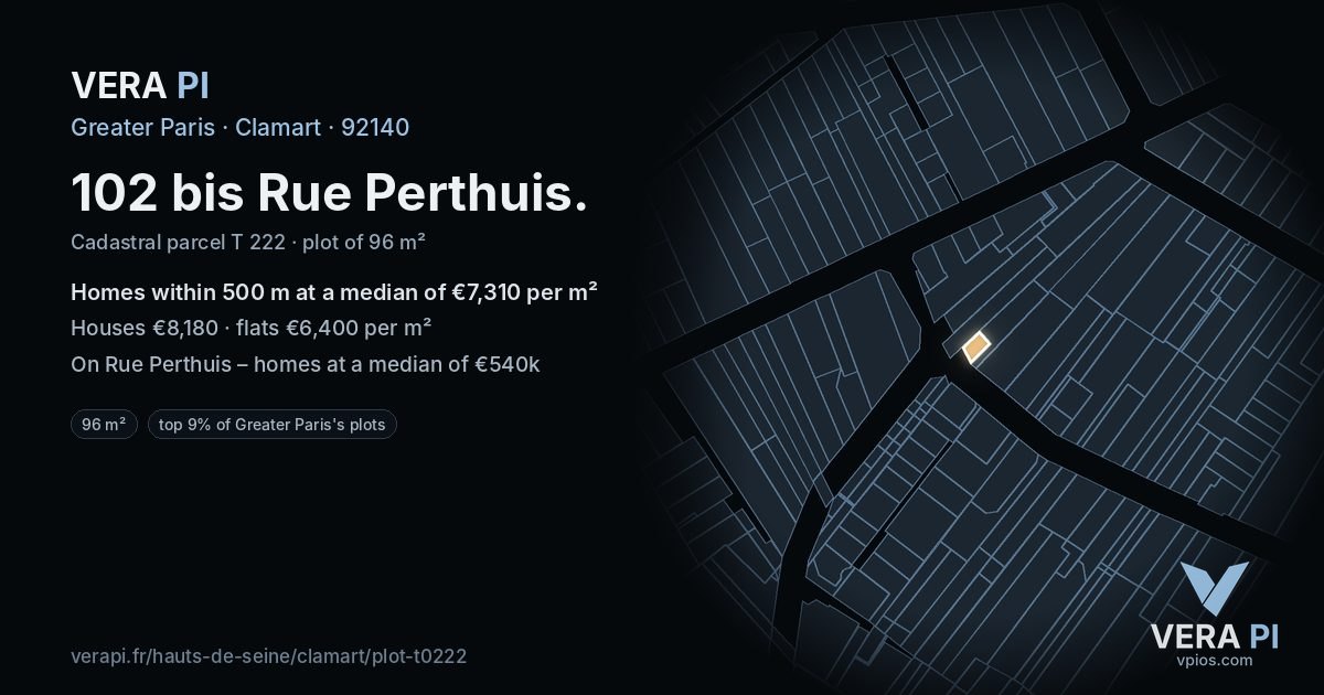 102 bis Rue Perthuis, Clamart at night – the plot lit, the parcels around coloured by the prices near them