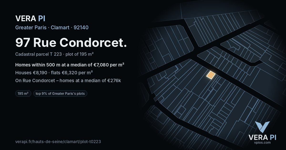 97 Rue Condorcet, Clamart at night – the plot lit, the parcels around coloured by the prices near them