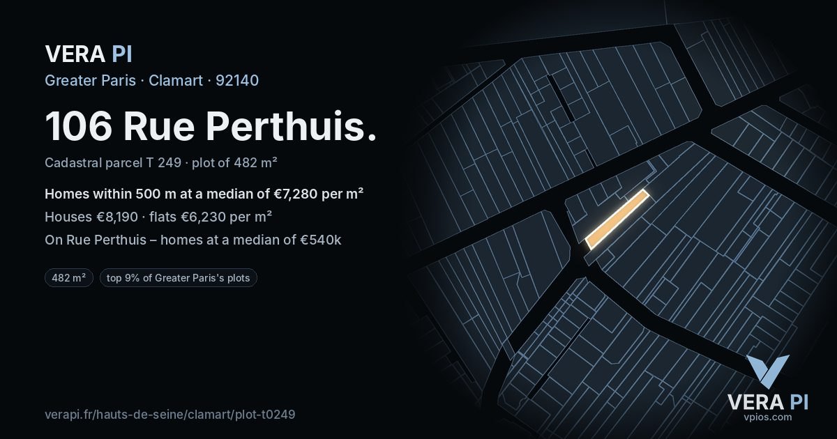 106 Rue Perthuis, Clamart at night – the plot lit, the parcels around coloured by the prices near them