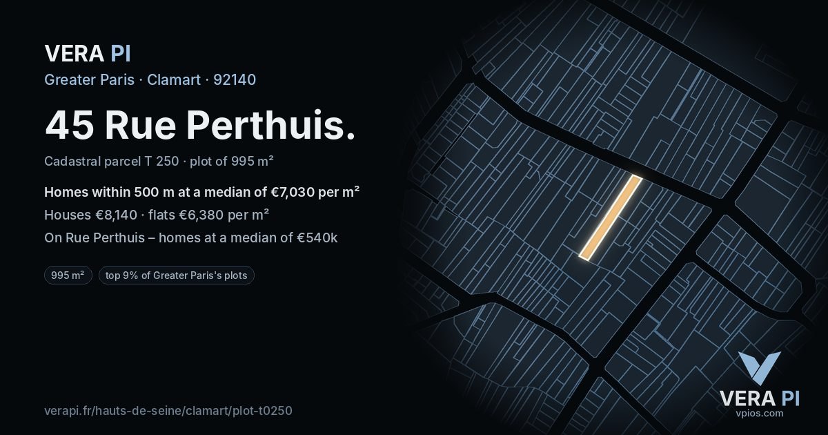 45 Rue Perthuis, Clamart at night – the plot lit, the parcels around coloured by the prices near them