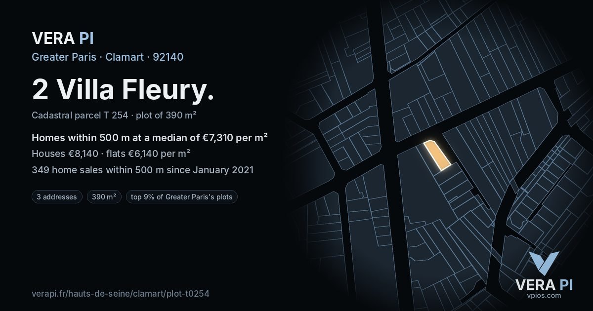 2 Villa Fleury, Clamart at night – the plot lit, the parcels around coloured by the prices near them