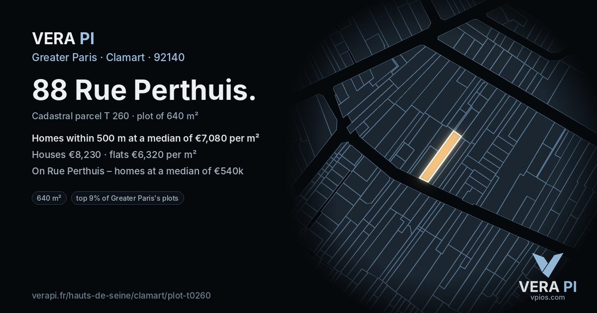 88 Rue Perthuis, Clamart at night – the plot lit, the parcels around coloured by the prices near them