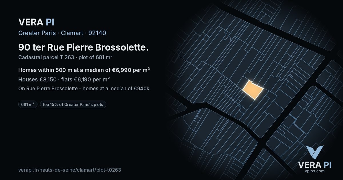 90 ter Rue Pierre Brossolette, Clamart at night – the plot lit, the parcels around coloured by the prices near them