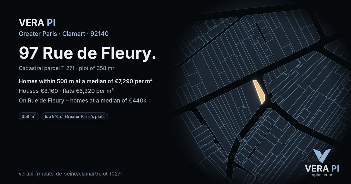 97 Rue de Fleury, Clamart at night – the plot lit, the parcels around coloured by the prices near them