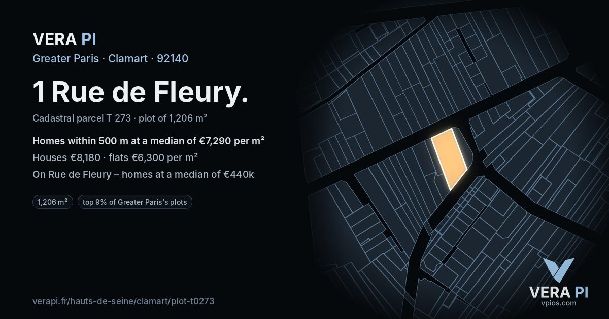 1 Rue de Fleury, Clamart at night – the plot lit, the parcels around coloured by the prices near them