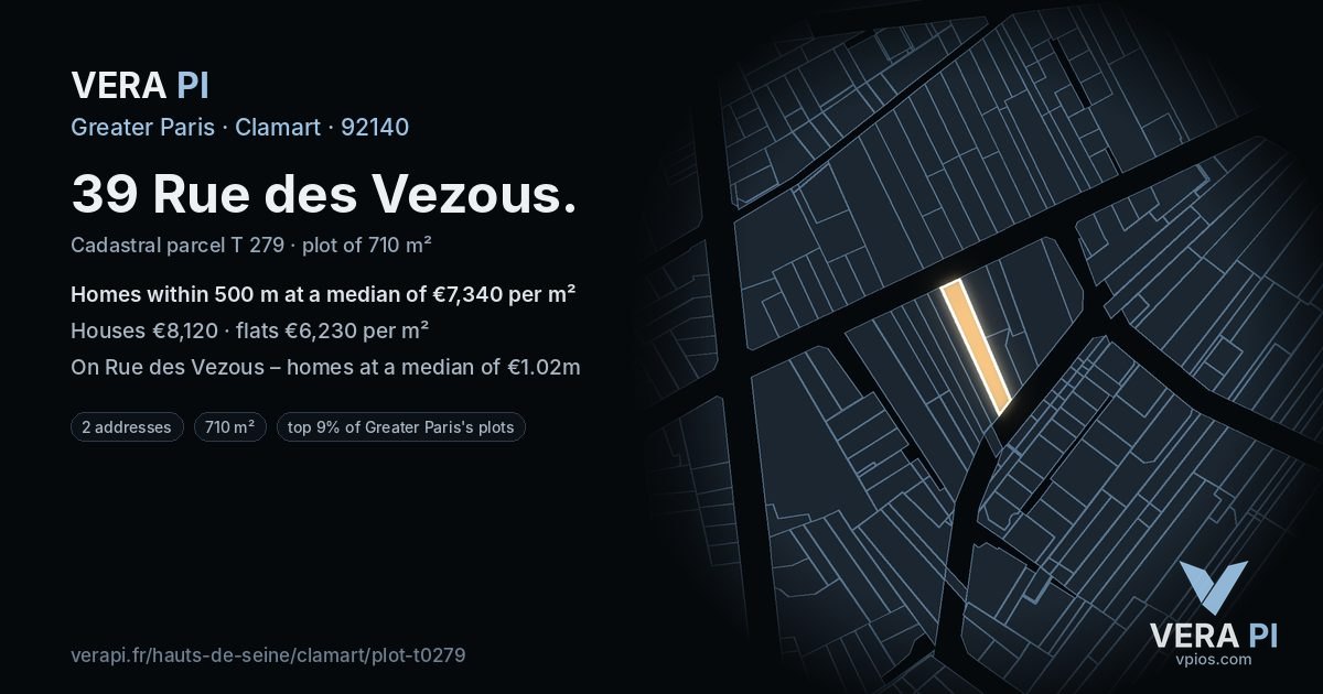 39 Rue des Vezous, Clamart at night – the plot lit, the parcels around coloured by the prices near them