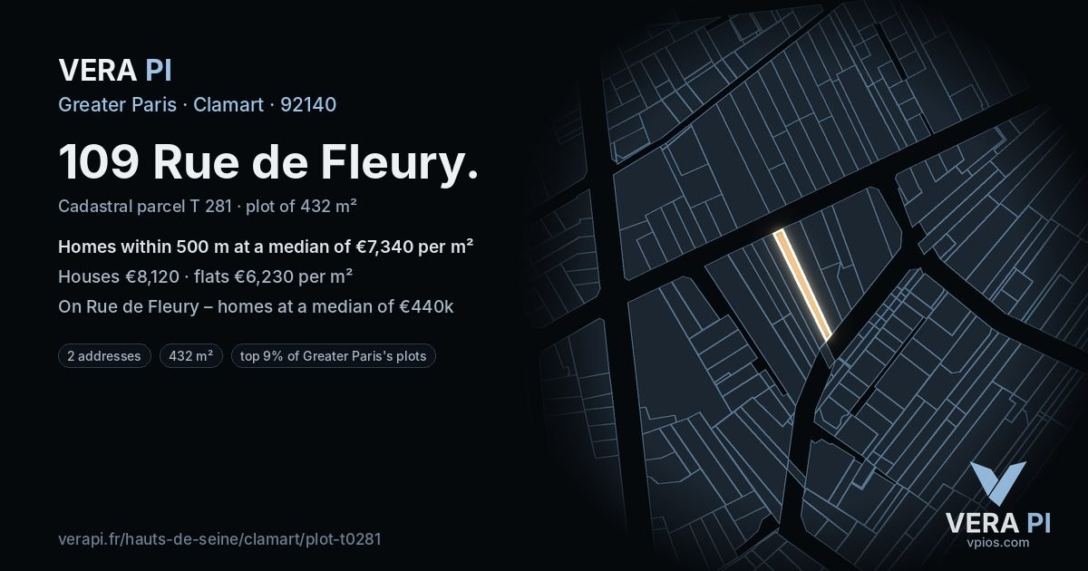 109 Rue de Fleury, Clamart at night – the plot lit, the parcels around coloured by the prices near them