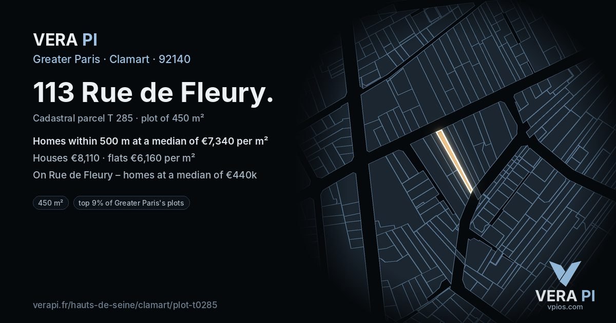 113 Rue de Fleury, Clamart at night – the plot lit, the parcels around coloured by the prices near them
