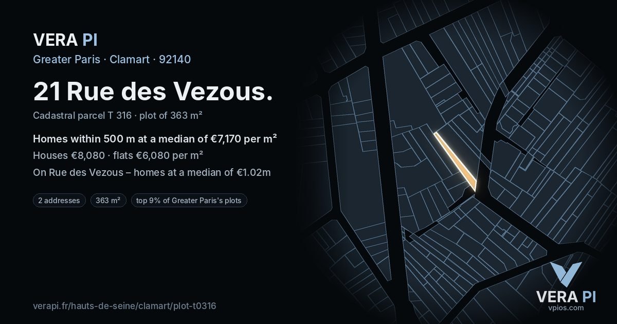 21 Rue des Vezous, Clamart at night – the plot lit, the parcels around coloured by the prices near them
