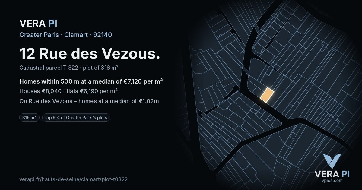 12 Rue des Vezous, Clamart at night – the plot lit, the parcels around coloured by the prices near them
