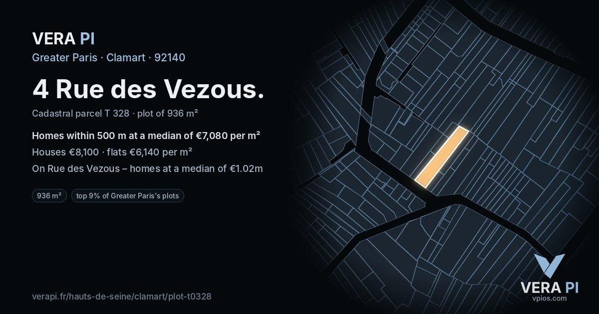 4 Rue des Vezous, Clamart at night – the plot lit, the parcels around coloured by the prices near them