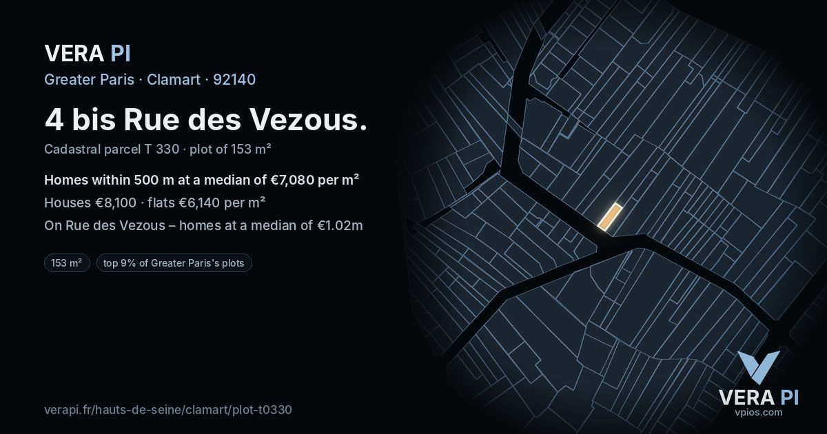 4 bis Rue des Vezous, Clamart at night – the plot lit, the parcels around coloured by the prices near them