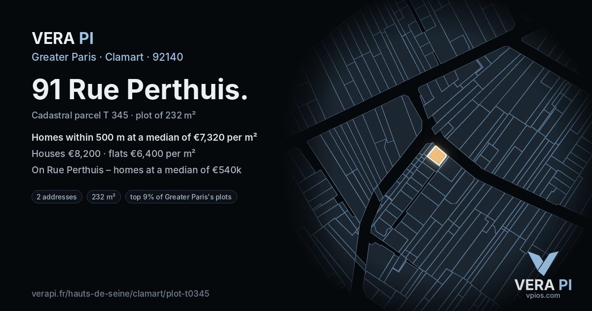 91 Rue Perthuis, Clamart at night – the plot lit, the parcels around coloured by the prices near them