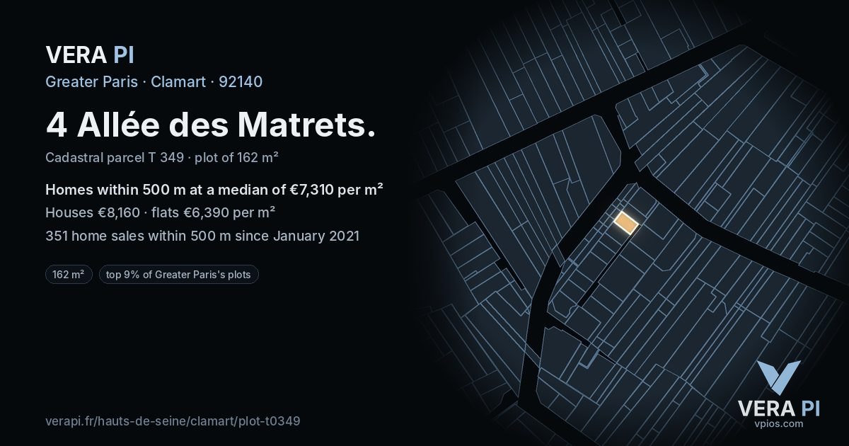 4 Allée des Matrets, Clamart at night – the plot lit, the parcels around coloured by the prices near them