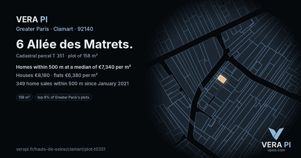 6 Allée des Matrets, Clamart at night – the plot lit, the parcels around coloured by the prices near them