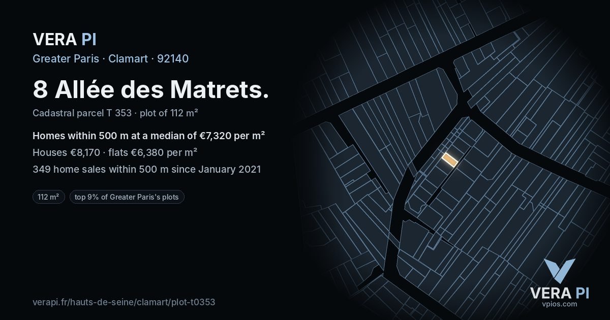 8 Allée des Matrets, Clamart at night – the plot lit, the parcels around coloured by the prices near them