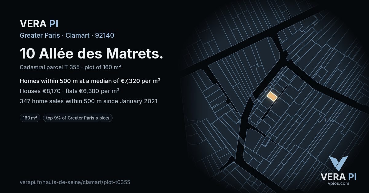 10 Allée des Matrets, Clamart at night – the plot lit, the parcels around coloured by the prices near them