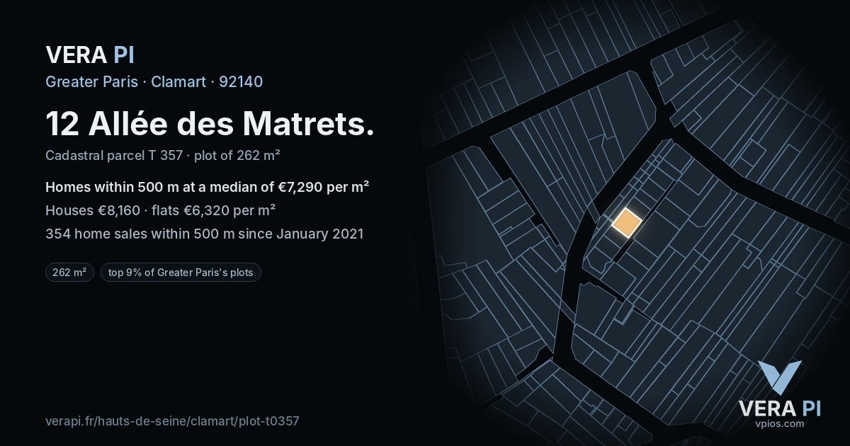 12 Allée des Matrets, Clamart at night – the plot lit, the parcels around coloured by the prices near them