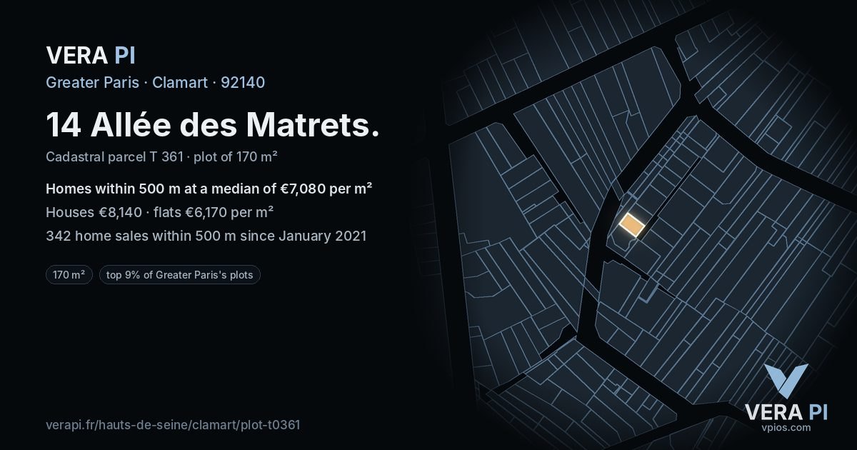 14 Allée des Matrets, Clamart at night – the plot lit, the parcels around coloured by the prices near them