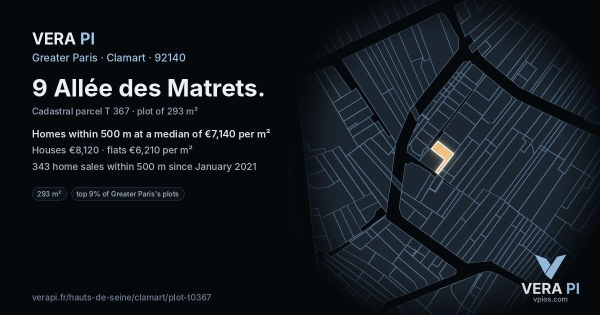 9 Allée des Matrets, Clamart at night – the plot lit, the parcels around coloured by the prices near them