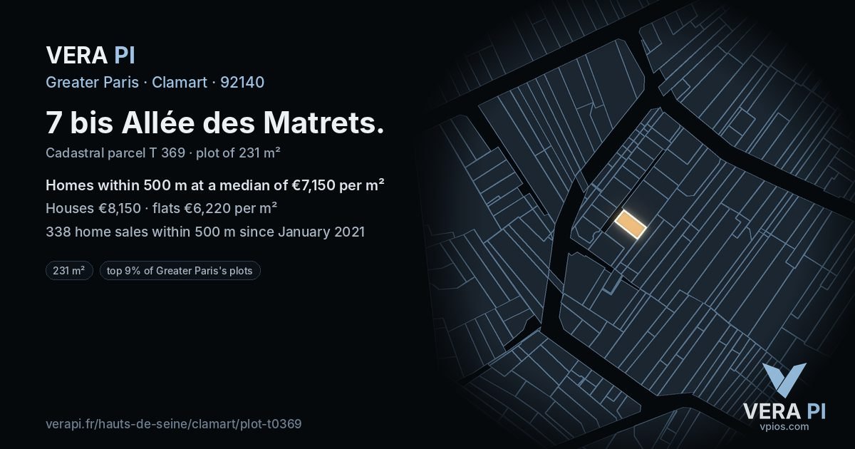 7 bis Allée des Matrets, Clamart at night – the plot lit, the parcels around coloured by the prices near them