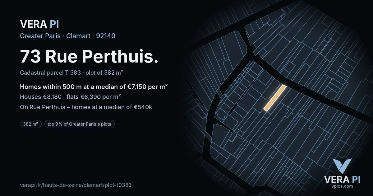 73 Rue Perthuis, Clamart at night – the plot lit, the parcels around coloured by the prices near them