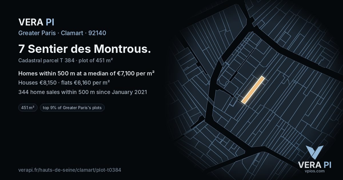 7 Sentier des Montrous, Clamart at night – the plot lit, the parcels around coloured by the prices near them