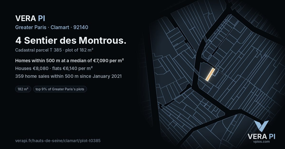 4 Sentier des Montrous, Clamart at night – the plot lit, the parcels around coloured by the prices near them